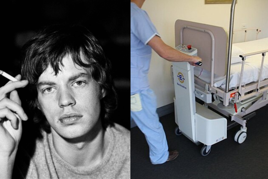 Split image: on the left, a black-and-white portrait of a man holding a cigarette, looking pensive. On the right, a color image of a nurse pushing a hospital bed in a hallway.