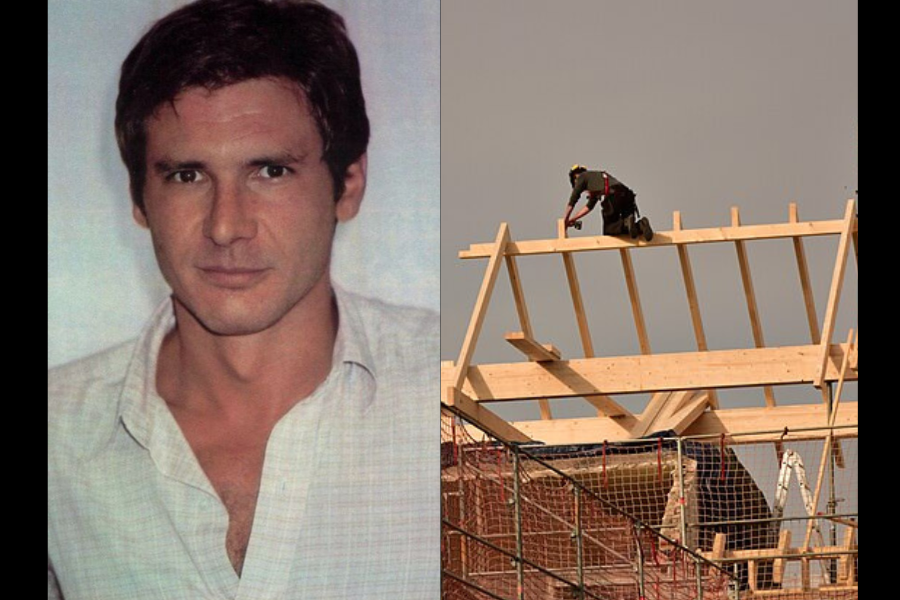 A split image shows a person on the left in a light shirt with a neutral expression, while on the right, a construction worker in gear is balancing on roof beams.
