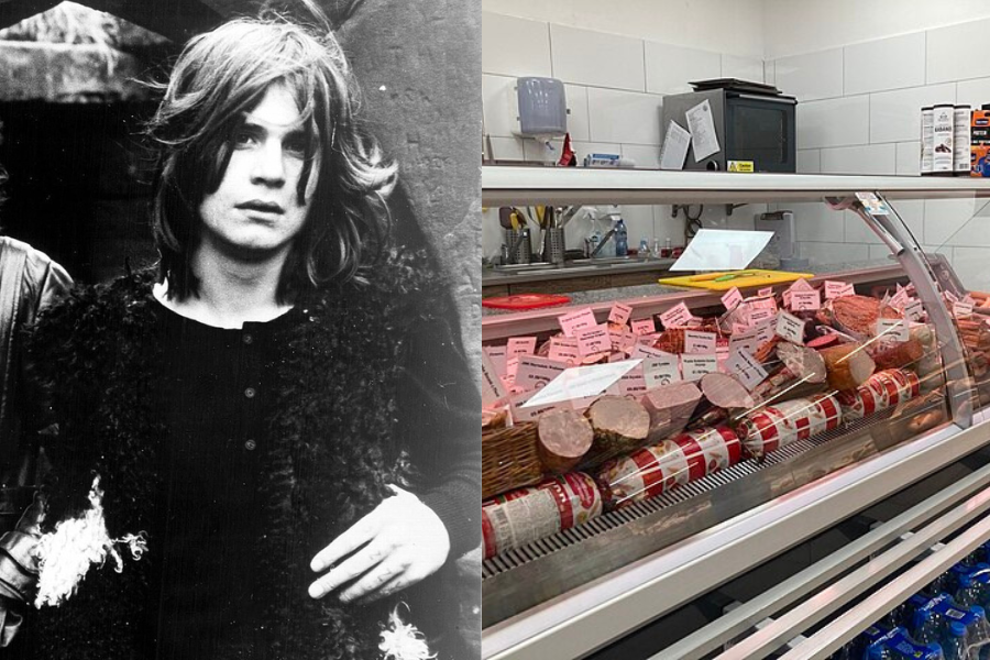 Split image: On the left, a black-and-white image of a young person with long hair. On the right, a colorful deli counter filled with various sausages and meats.