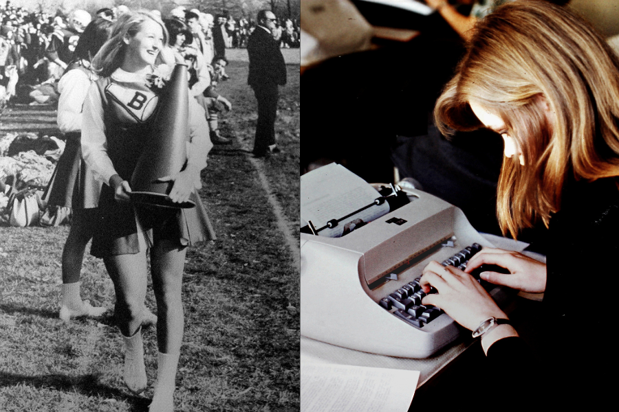 A split image showing a black-and-white photo of a vintage cheerleader with a megaphone, smiling at a game, and a color photo of a woman typing on a typewriter.