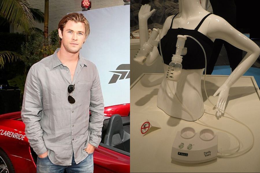 Split image: On the left, a man stands outdoors with a red car, wearing a gray shirt and blue jeans. On the right, a mannequin displays a breast pump bra.