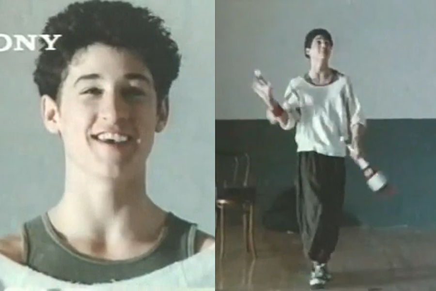 Split image: Young person smiling on the left, wearing a tank top. On the right, same person juggling clubs in a spacious room with a chair in the background.