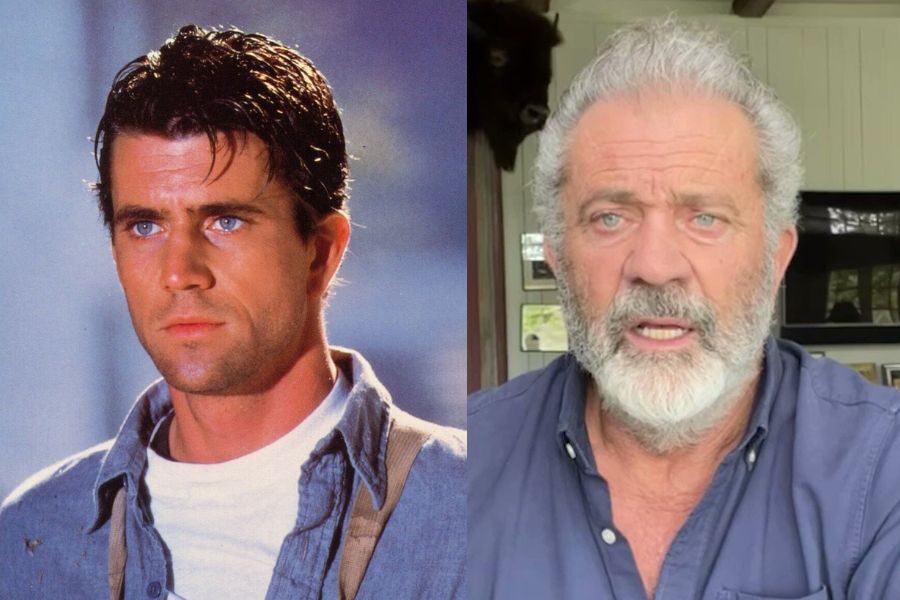 Side-by-side images of a man in his youth with slick dark hair and intense blue eyes, and later in life with gray hair and a full white beard, wearing a blue button-down shirt.