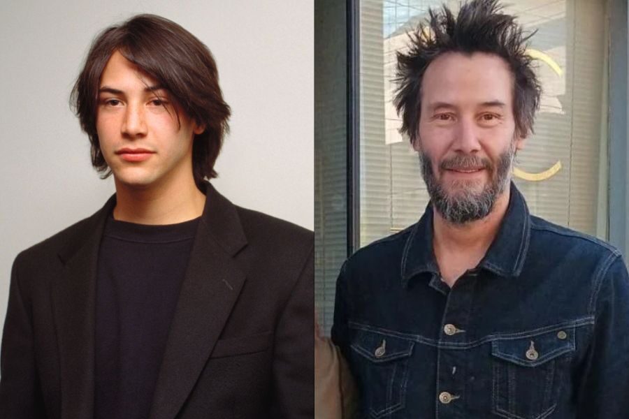 Young man with long straight hair in a blazer, contrasted with his older self in a denim jacket with messy spiked hair and a full beard.