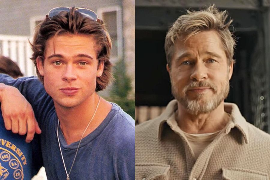 Side-by-side photos of a young man with tousled hair in a blue shirt and sunglasses on his head, next to an older version with a trimmed blonde beard and beige jacket.