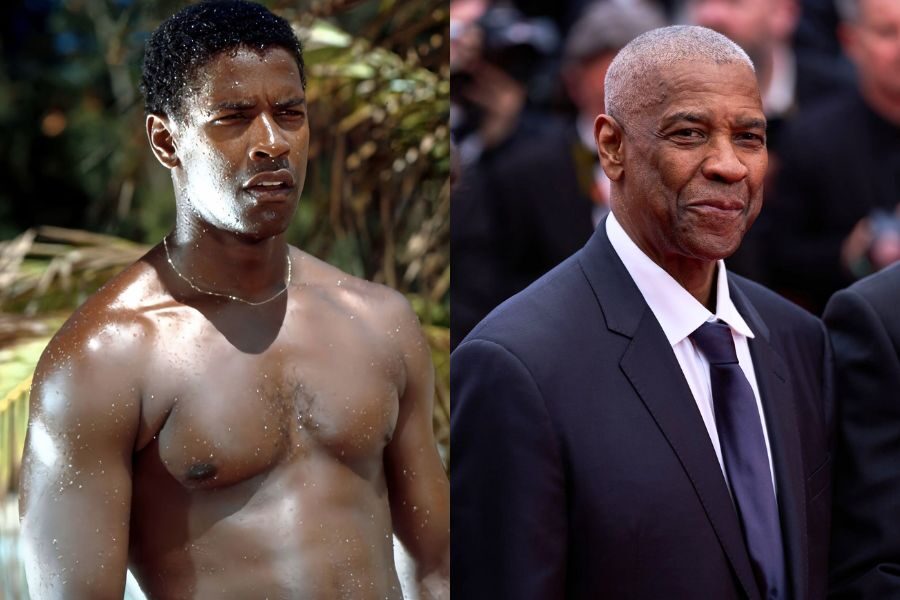 Young man standing shirtless and wet in a tropical setting, paired with a recent image of him in a tailored dark suit smiling at an event.
