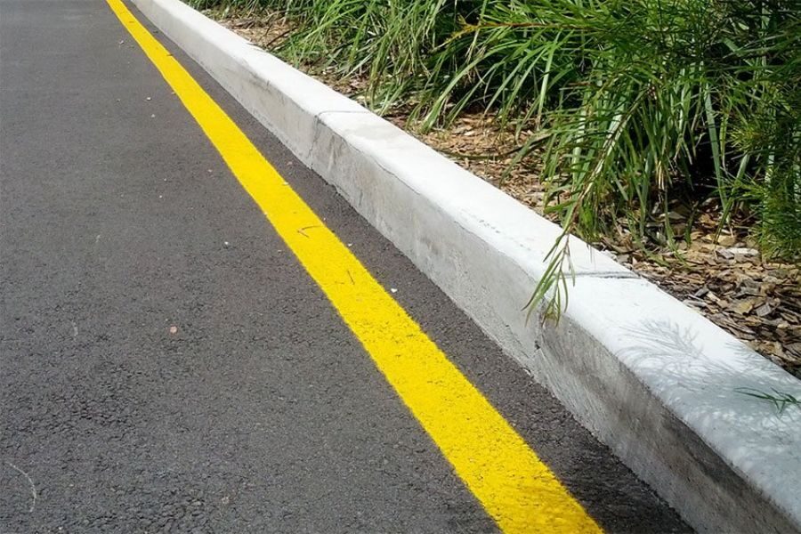 Freshly painted yellow line along the edge of a road next to a concrete curb and green plants.