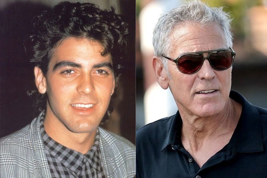 Side-by-side image of a young man with dark curly hair in a plaid blazer, and an older version in sunglasses and a dark polo shirt.