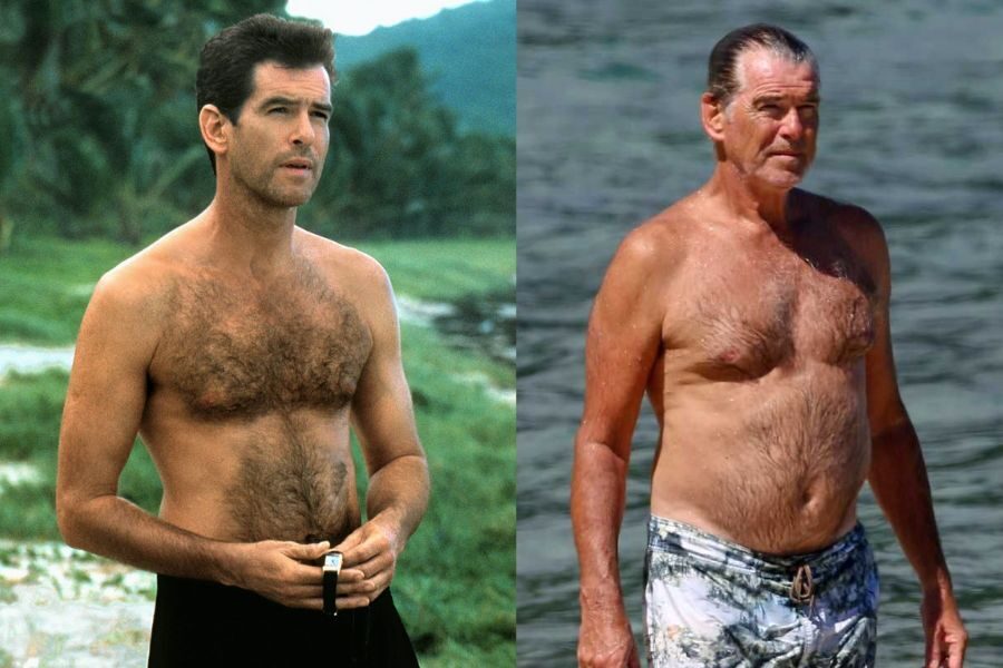 Split image of a shirtless young man with chest hair on a beach, next to an older version in patterned swim trunks walking near the ocean.