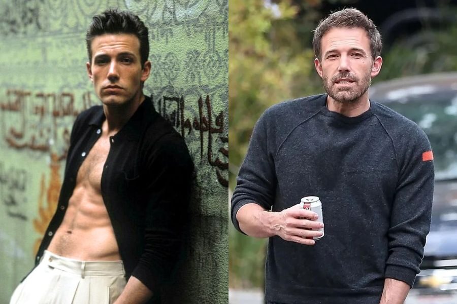Comparison of a young shirtless man in white pants leaning on graffiti wall, beside his older self in a sweatshirt holding a can outdoors.