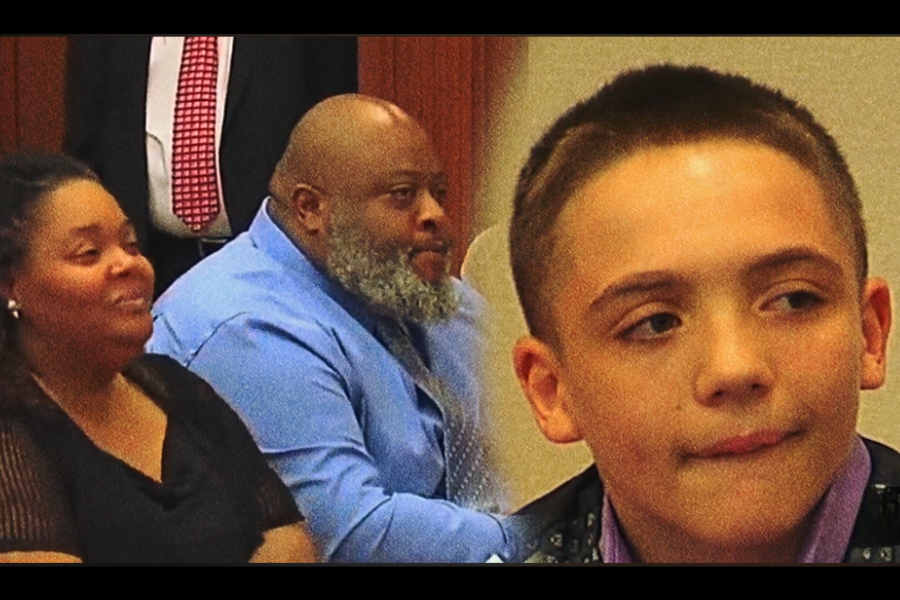 A close-up of a boy in a suit with a solemn expression, superimposed over a background of a couple in a courtroom.