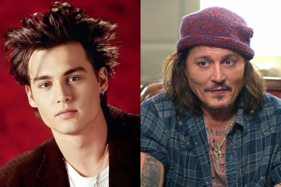 Side-by-side photo of a young man with styled hair in front of a red background, and an older version in a flannel shirt, jewelry, and crochet beanie.