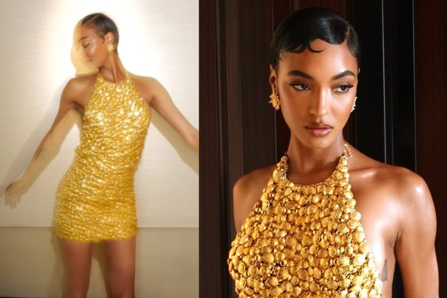 A model glows in a fitted gold mini dress adorned with textured embellishments, shot in both soft motion blur and clear portrait.