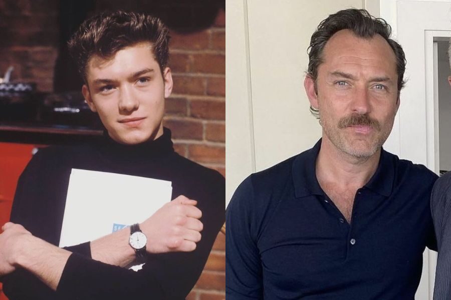 Young man with neatly combed hair holding a folder and crossing his arms, next to a current image of him with a mustache and serious look.
