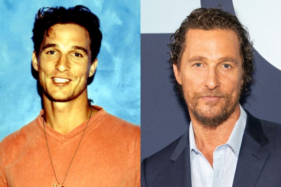 Smiling young man in a coral shirt and necklace in front of a blue background, next to an older version in a suit with wavy hair and trimmed beard.