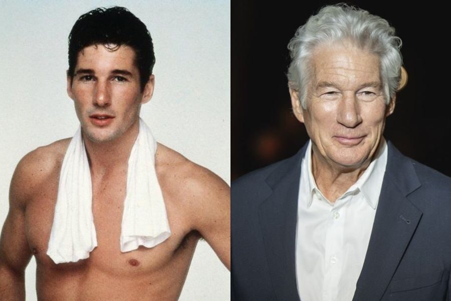 Comparison of a shirtless young man with wet hair and a towel around his neck, next to an older version of him with white hair and a suit, smiling slightly.