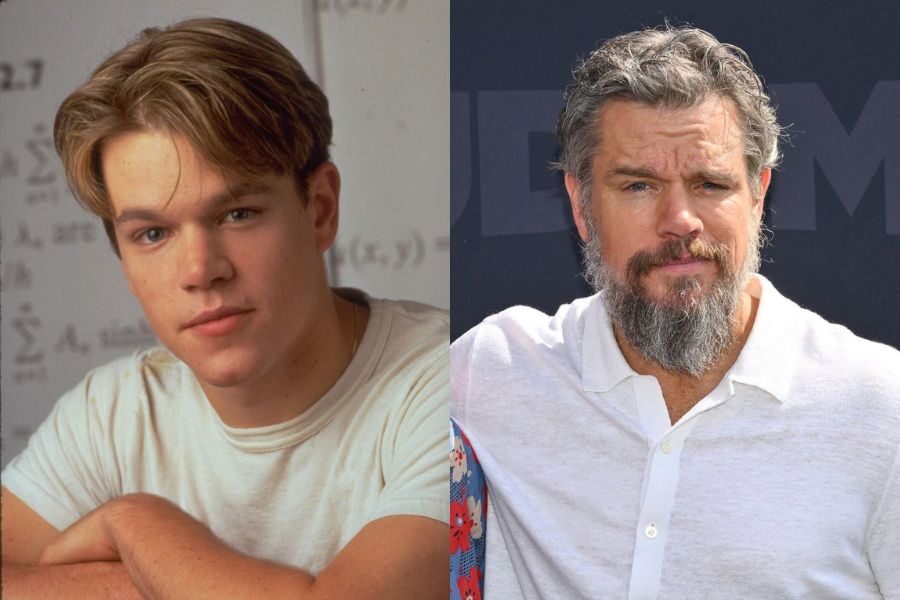 Young man in a white shirt with boyish features and light brown hair, shown next to his older self with a full gray beard in a white collared shirt.