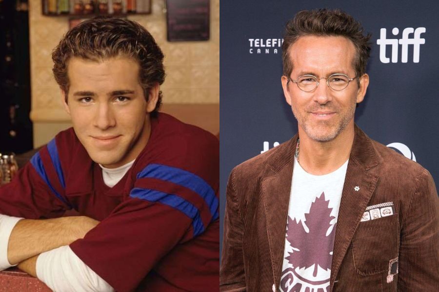 Young man with short curls in a red sweater smiling, contrasted with a recent image of him wearing glasses and a brown blazer at a film festival.