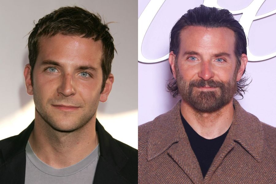 Side-by-side photos of a clean-shaven young man with spiked hair, next to an older version with a full beard and slicked-back hair in a brown coat.