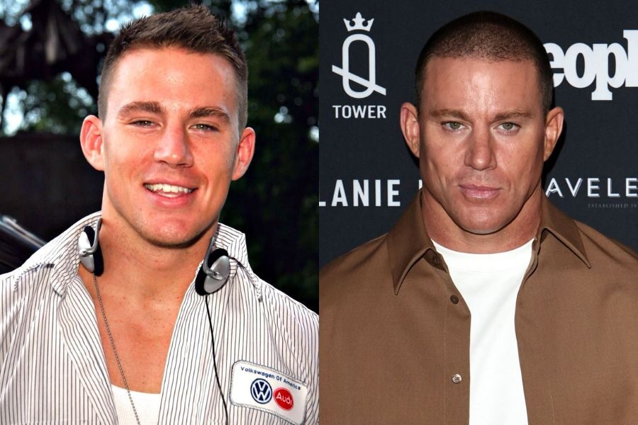 Young man smiling in a striped shirt with headphones around his neck, shown next to an older version with a serious expression in a brown button-down.