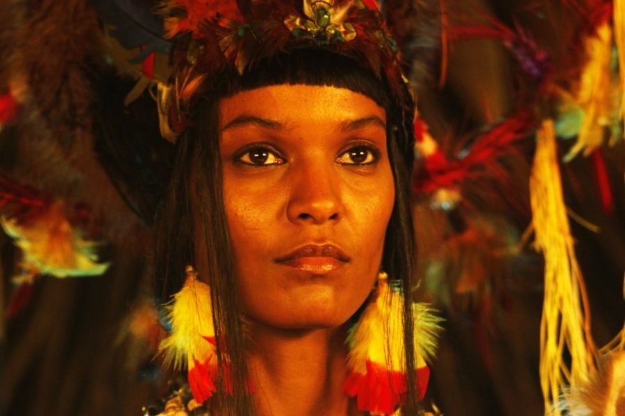 A model wears a bold feathered headpiece with matching earrings in a dramatic, warm-lit fashion portrait.