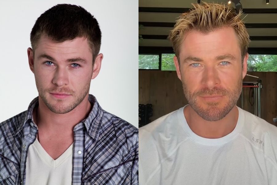 Younger man with short hair and a plaid shirt, next to an older version with styled blond hair and beard wearing a white athletic shirt indoors.