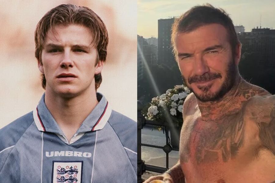 Young man in an England football jersey with long hair, shown beside a shirtless older man covered in tattoos smiling on a balcony at sunset.