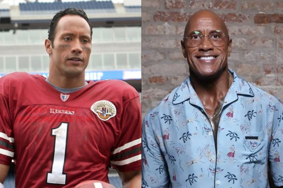 Young man wearing a red football jersey holding a ball, paired with an older version smiling in a blue Hawaiian-style shirt in front of a brick wall.