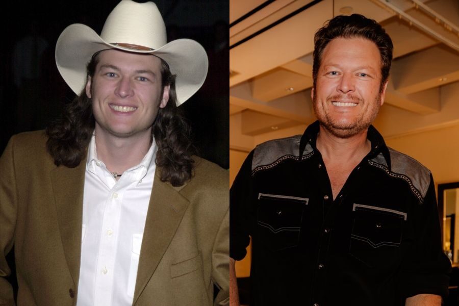 Side-by-side image of a younger man with long hair wearing a white cowboy hat and tan blazer, next to an older version in a black western-style shirt.