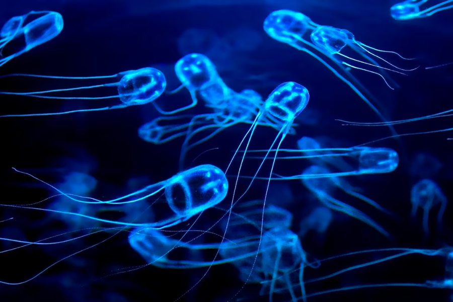 A swarm of bioluminescent box jellyfish drift through dark blue water, their cube-shaped bells glowing with a neon hue.
