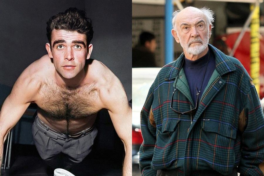 Young man with chest hair and intense expression doing a push-up, shown beside an older version with a bald head, white beard, and a plaid jacket.