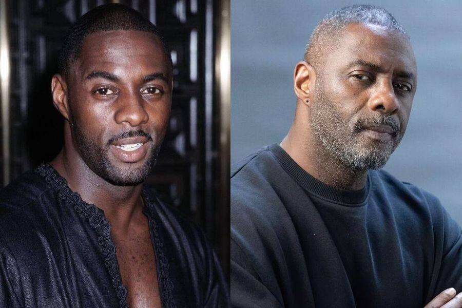 oung man with a trimmed beard in a silky shirt smiling, beside an older version with a graying beard in a dark crewneck sweatshirt looking serious.