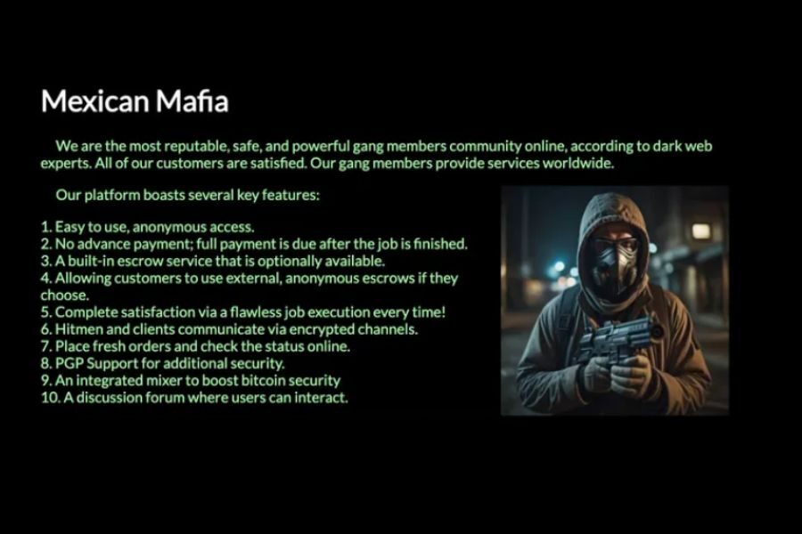 Screenshot of dark web content titled “Mexican Mafia” with a list of illegal services and a masked man holding a gun.