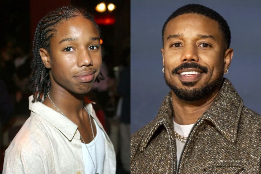 Young Michael B. Jordan with cornrows in a cream shirt, contrasted with a modern photo showing him with a trimmed beard and fade haircut, wearing a textured coat and jewelry.