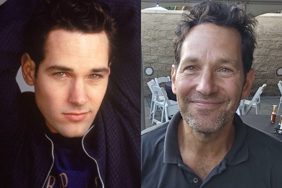 Split image of Paul Rudd with youthful, smooth skin and styled hair, and a more recent shot of him smiling with stubble and tousled hair in a casual polo shirt.