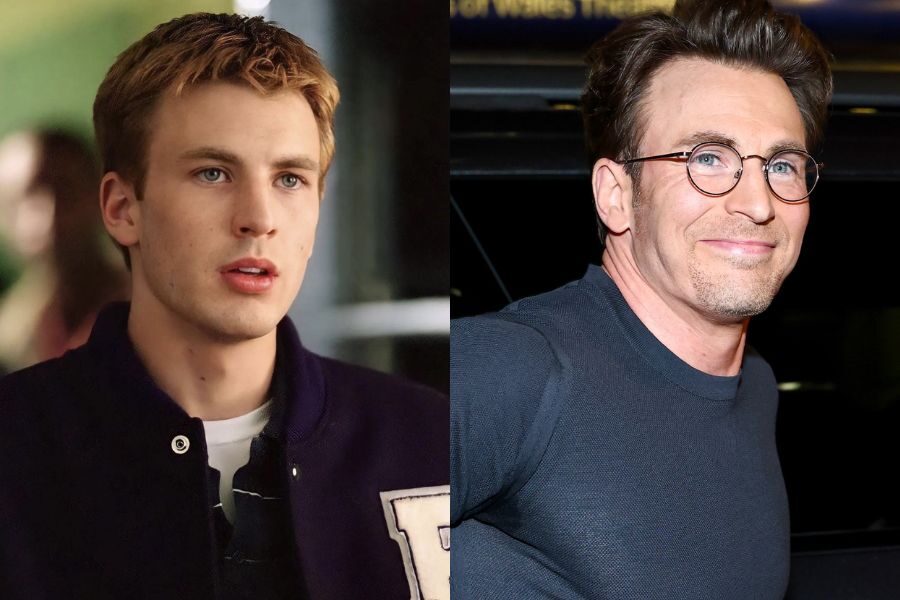 A younger Chris Evans in a varsity jacket with short blonde hair, shown next to an older image of him smiling in round glasses and a dark fitted shirt.