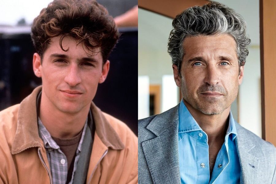 Patrick Dempsey with youthful curls and a tan jacket beside a modern image of him with thick silver hair, light stubble, and a tailored blue blazer.