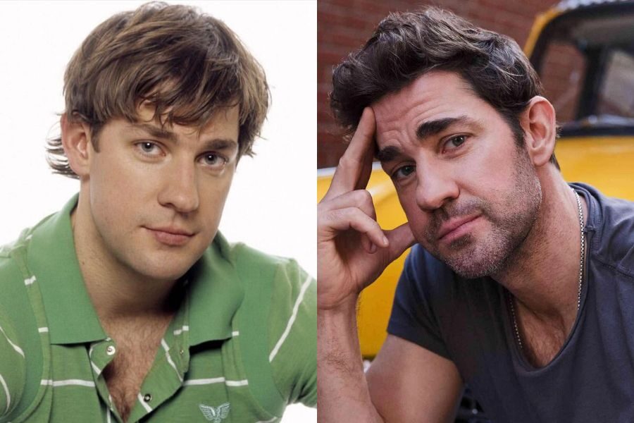 A young John Krasinski with a bowl-style haircut and green polo, compared to an older version with styled hair, stubble, and a thoughtful expression in a grey shirt.