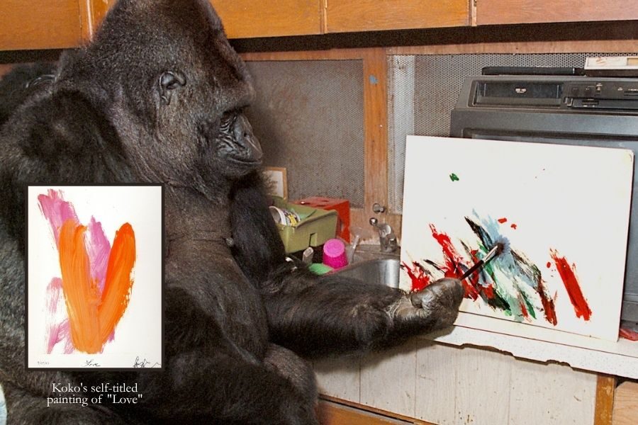 A gorilla paints on a canvas using a brush held in one hand, with an inset showing a colorful painting labeled “Love” created by the gorilla.