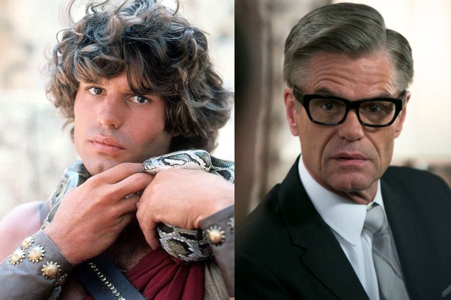 Split image of a young man in a Roman-style costume holding a snake, contrasted with an older version in a dark suit and thick black-rimmed glasses.