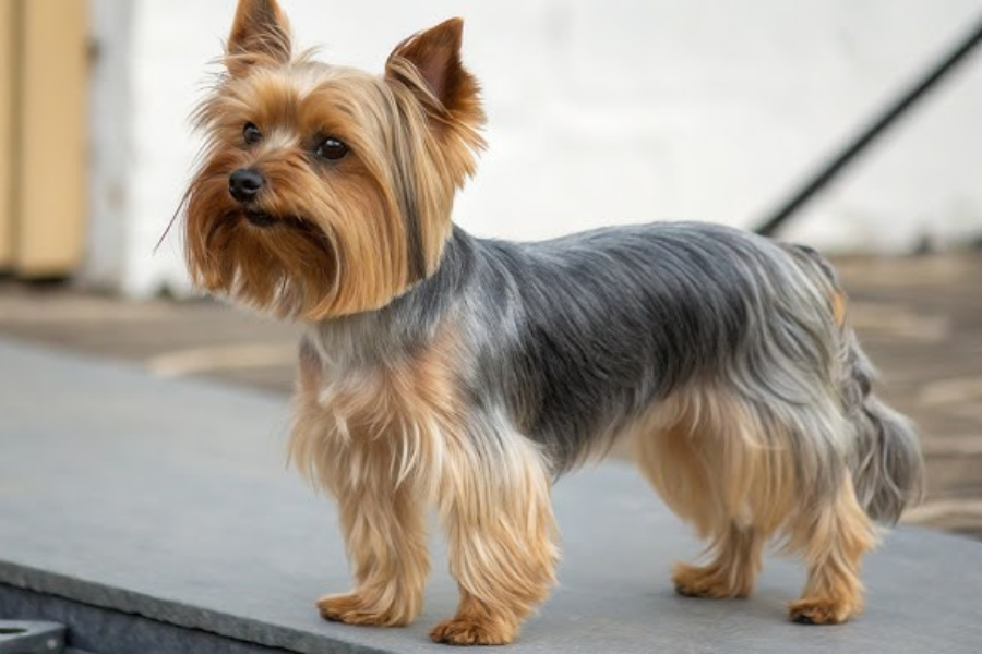 A Yorkshire Terrier with a silky, groomed coat standing on a paved surface and looking curious.