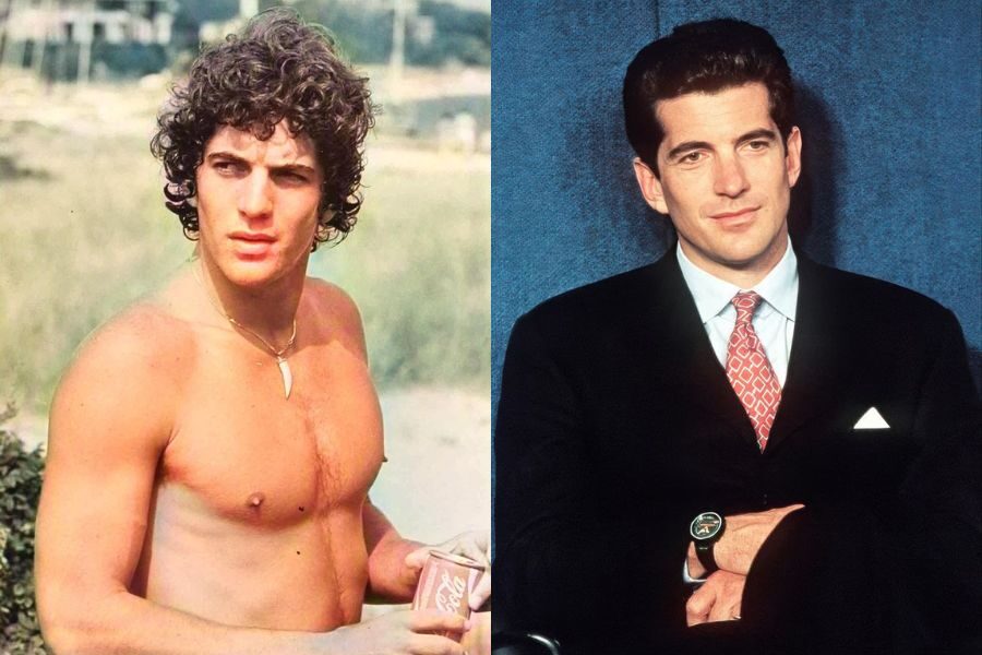 Young shirtless man with curly hair holding a Coke can on a beach, next to an older image of him dressed in a black suit and red tie, posed confidently.