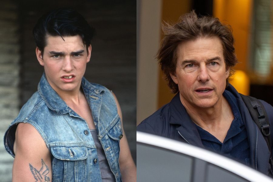 Teenage boy in a denim vest and tattoo on his arm scowling, paired with a recent image of the same man older, with longer hair and wearing a dark zip-up jacket.