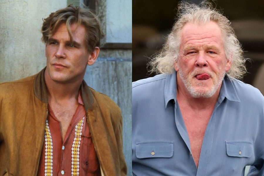 Side-by-side photos of a blond man in a brown suede jacket and open shirt, and his older self with long white hair, beard, and open blue shirt.