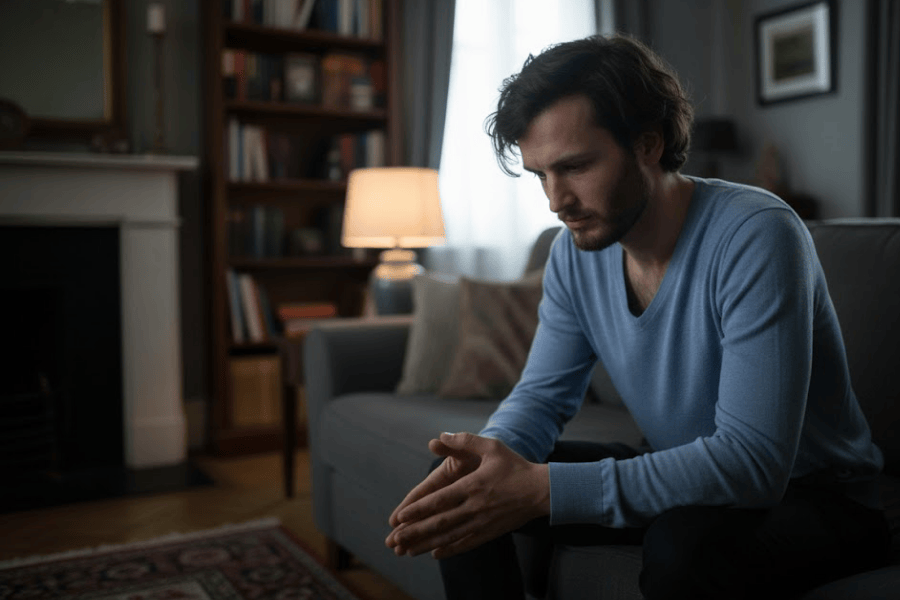 Man sitting on couch deep in thought