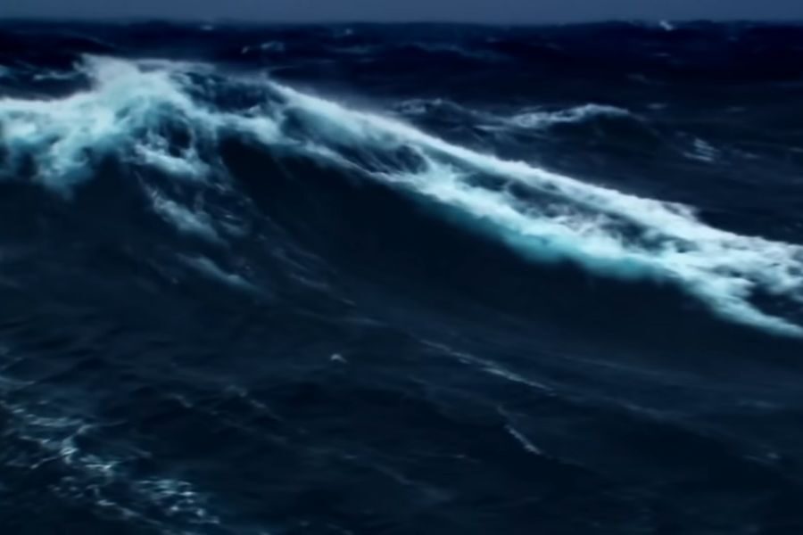 A large, dark ocean wave rises with foamy white crests under a cloudy sky, conveying a sense of power and turbulence.